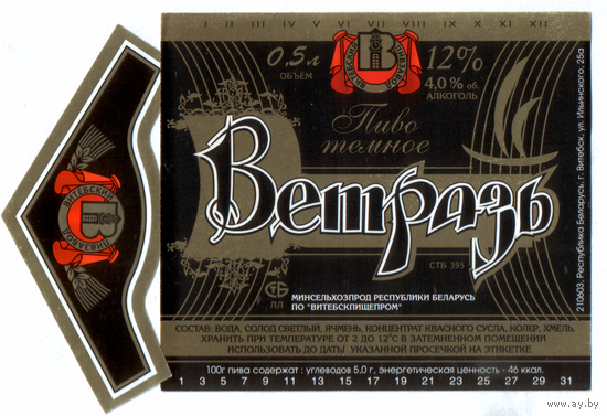 Этикетка пива Ветразь Витебский ПЗ М751