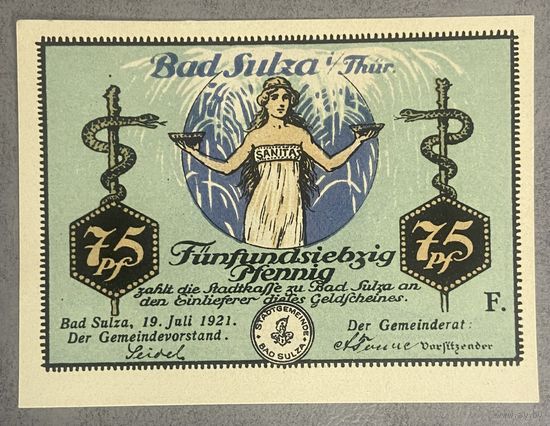 Нотгельд , 75 пфеннигов,  Бад-Зульц 1921 год. Веймарская республика