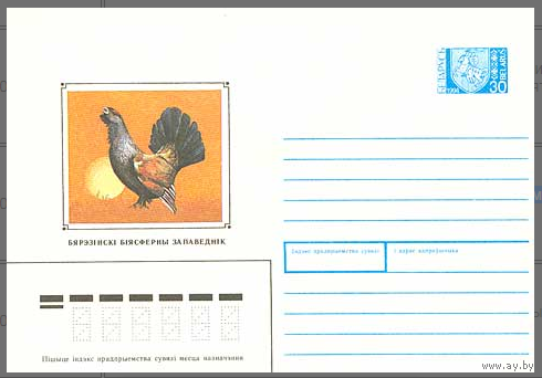 Конверт Бярэзiнскi бiясферны запаведнiк (Березинский биосферный заповедник – на бел. языке, тетерев). Худ. А. Медведев. Т. 1007000.