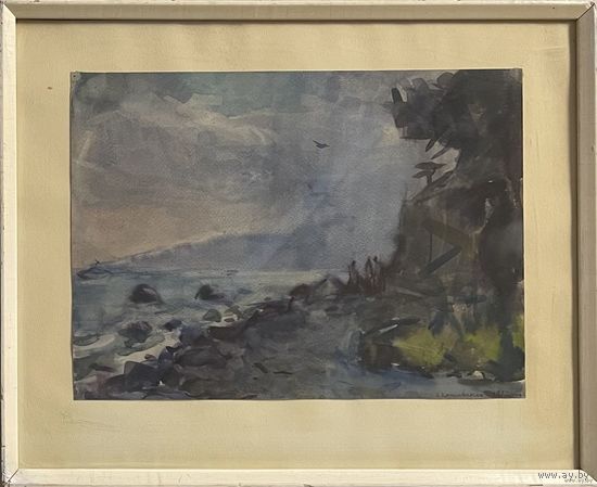 Красовский Е.Е. "Тёплый дождь", 1972г. Акварель. Размер 50,5х62,5 см. с родной рамой и паспарту.