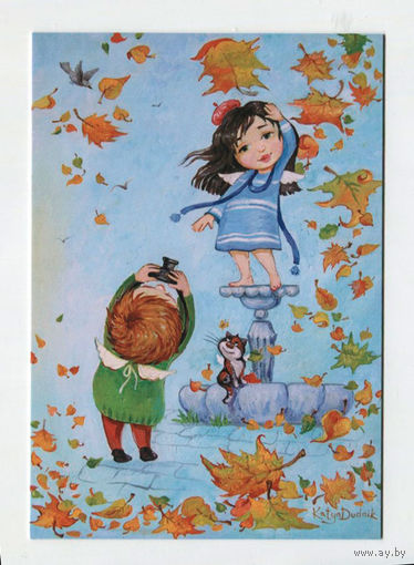 Открытка почтовая. Фотограф. Осень. Мальчик. Дети. Девочка. Котик. Худож. К.Дудник (чистая)