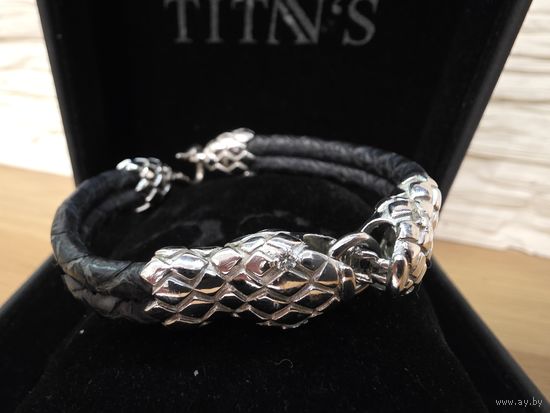 Золотой браслет с бриллиантами 21.6 гр. / 12 гр. 585 / 0.27 карат. Кожа голубого питона. Италия. В единственном экземпляре!!!