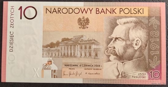 Польша, 10 злотых 2008г. Вторая польская коллекционная банкнота. 90-я годовщин восстановления независимости Польши. Юзеф Пилсудский. Памятник легионерам.