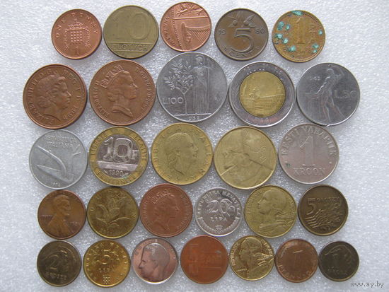 Иностранные монеты, 28 штук, без повторов.
