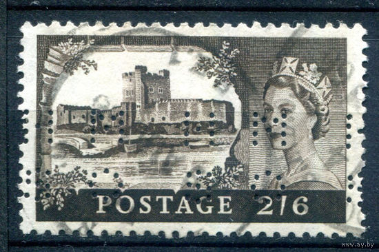 Великобритания - 1959г. - королева Елизавета II, замки, перфин, 2,6 Sh - 1 марка - гашёная [Mi 335]. #3-GB-67-A-2