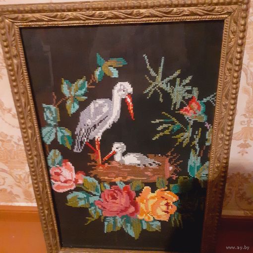 Картина вышитая в старинной раме 50 годы мулине