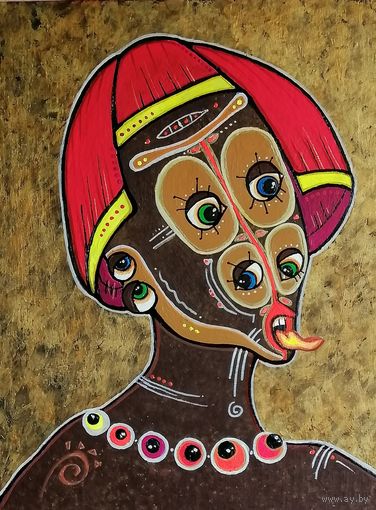 Картина "Наблюдающая" Серия портретов AfroFaceStyle /Холст на ДВП на подрамнике. Акрил флуоресцентный. Масло. Лак. / 40 x 50 см
