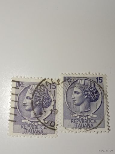 Италия 1955 Марка изображает профиль Аретузы, отсылка к древним сиракузским монетам.