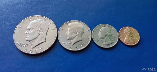1 доллар,50,25 и 1 центы 1977 год США  Эйзенхауэр (Состояние на фото)