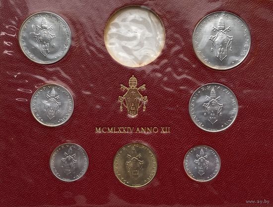 Ватикан 1, 2, 5, 10, 20, 50, 100 лир 1974 г. Годовой набор 7 монет без серебра