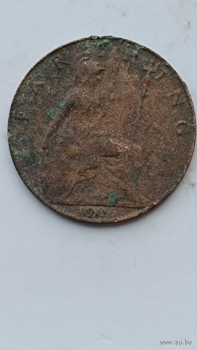 1 фартинг 1906 года Великобритания, фунт стерлингов (pre-decimal). Король Эдуард VII (1902 - 1910). Монета не чищена. 915