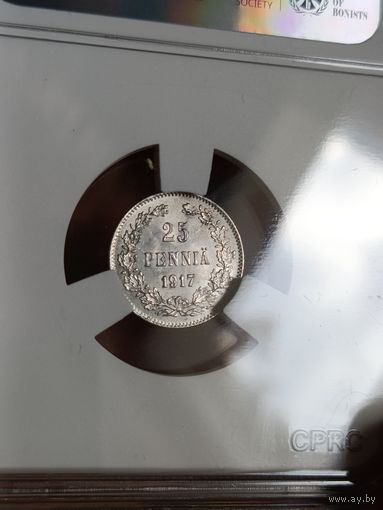 25 пенни 1917г. МС65 в слабе CPRC. Красивая, со множественными расколами штемпеля. С рубля!
