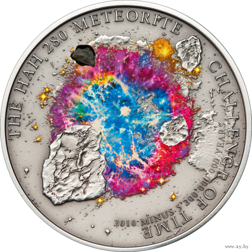 RARE Острова Кука 5 долларов 2010г. "Метеорит HAH 280". Монета в капсуле; подарочном футляре; сертификат; коробка. СЕРЕБРО 25гр.