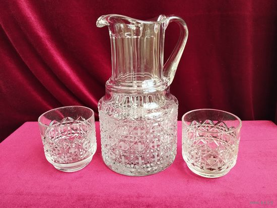 Кувшин Кристалл и 2 стакана, хрусталь. Богемия, Чехословакия