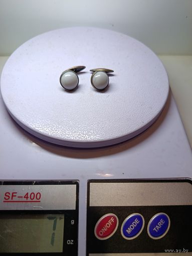 С рубля без мц. запонки круглые с белыми вставками 7гр. КК4 "вГоловаНаправо875"пр.