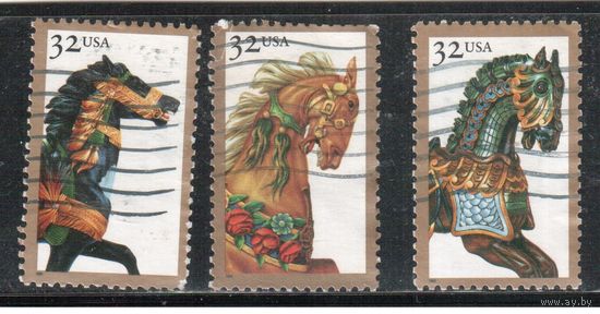 (США-1995 (Мих.2608-2611) , гаш. ,Карусели, Лошади, 3 марки(1)