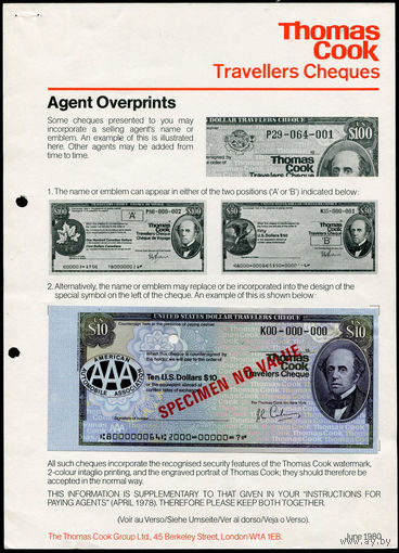 Дорожный чек Образец 10 долларов США Банк Томас Кук Thomas Cook