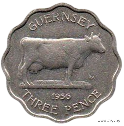 Бейливик Гернси. 3 пенса (пенни) 1956. Фауна. Гернсийская корова. Тонкий тип.
