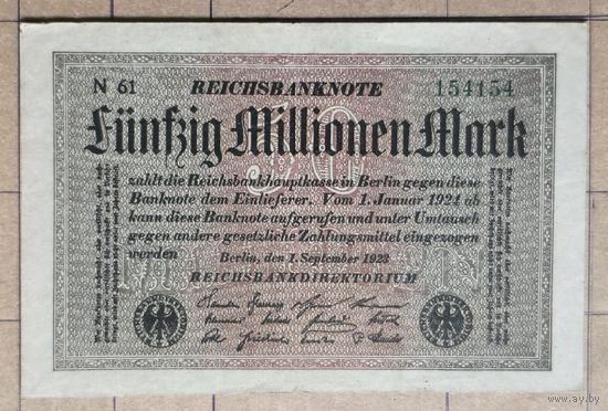 Германия, нотгельды, 50000000 марок 1923 г., Ro.108b	DEU-123, 1.9.23г. в/з Kreuzbluten #6 FZ зелен.