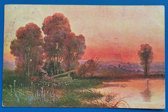 Старинная немецкая открытка. Закат над болотом. 1916 г. Прошла почту. Марки.