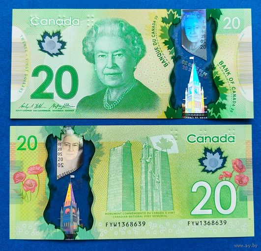 Канада, 20 долларов 2012 г., P-108b (FZ, полимер, королева Елизавета II), UNC