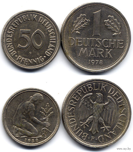 Лот из 2 монет - 50 пфеннигов 1950 F и 1 марка 1978 F, ФРГ