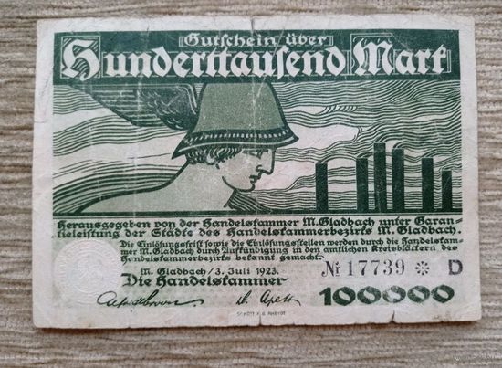 Werty71 Германия 100000 марок 1923 банкнота Гроссгельд Мёнхенгладбах Гладбах