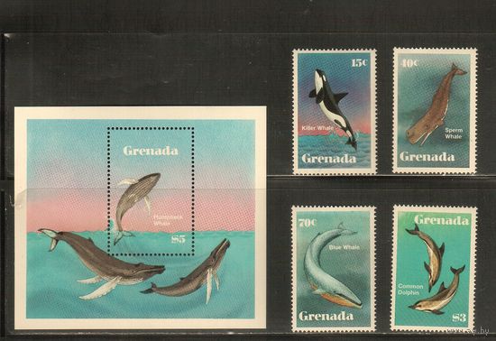 Гренада-1982(Мих.,1197-1200,Бл.112) , **  , Морская  Фауна,Киты, Дельфины (полная серия)