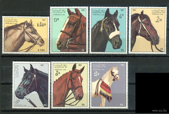 Лаос - 1987г. - Лошади - 7 марок - полная серия, MNH, номинал 1 с небольшой вмятинкой, у номиналов 3 и 6 по одному маленькому пятнышку на лицевой стороне [Mi 1003-1009]. #O-Se-Z-1-2