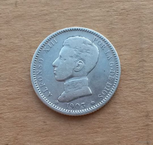 Испания, 1 песета 1903 г., серебро 0.835, Альфонсо XIII (1886-1931)