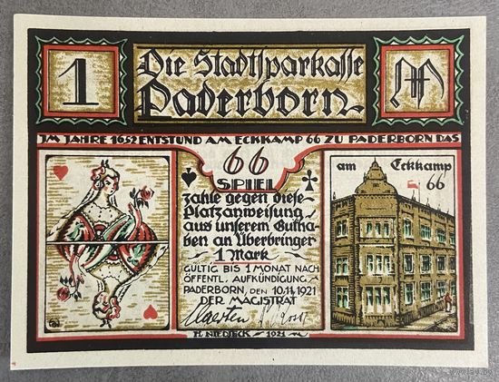 Нотгельд Падерборн 1 марка 1921 год. Веймарская республика