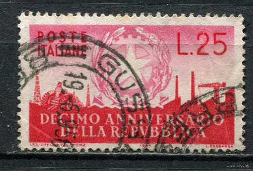 Италия - 1956 - 10-летие Итальянской республики 25L - [Mi.968] - 1 марка. Гашеная.  (Лот 27GL)-T2P43