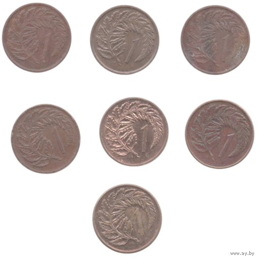 Королевство Новая Зеландия. 1 цент 1967, 1975, 1976, 1979, 1980, 1983, 1984. 2-й тип портрета. Серебристый папоротник- национальный символ. Цена за одну монету.
