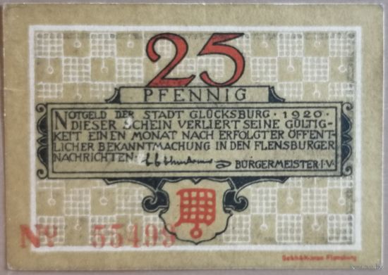 Германия 25 пфеннигов 1920 г Глюксбург (Glucksburg) 441.1a, B1, # 5 (# красно-коричн.)