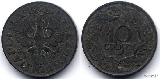 10 грошей 1923, Польша. Генеральная губерния - немецкая оккупация Польши в 1939-1945 гг. Очень хорошее состояние для цинковой монеты