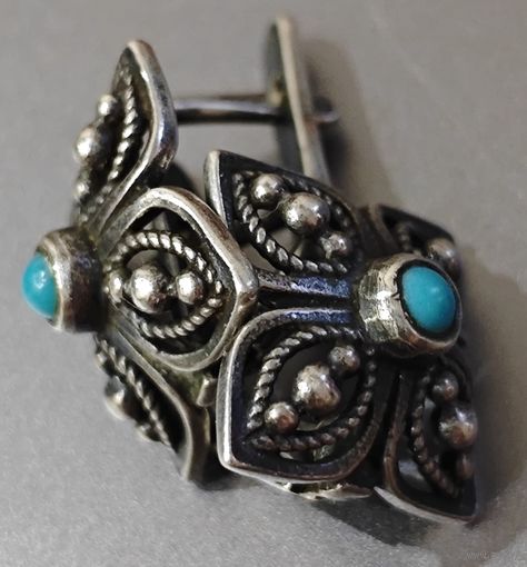 Серебряные серьги 925пр. 3.5гр. Советского образца. С бирюзой.