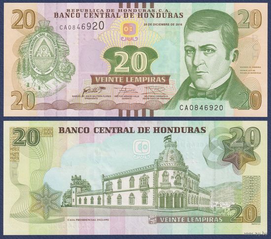 Гондурас, 20 лемпир 2016 г, P-100 (CA, первый глава государства - Дионисио Эррера), UNC