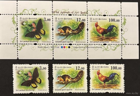 Шри Ланка 2018 Фауна Гигантская белка Бабочки Петух Куры блок и 3 марки -полный комплект