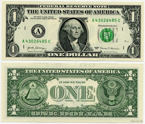 США. 1 доллар (образца 2017 года, A, Массачусетс, P544, UNC)