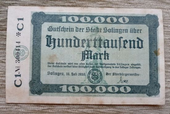 Werty71 Германия 100000 марок 1923 банкнота Гроссгельд Золинген Солинген