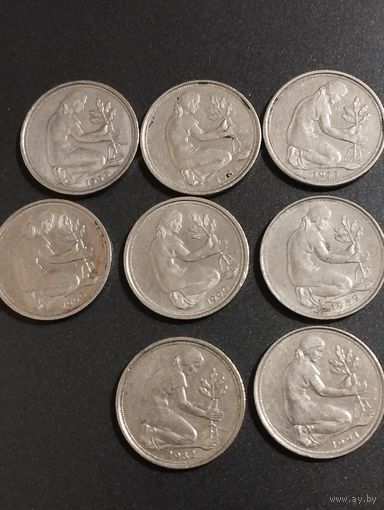 ФРГ. 50 пфеннигов - 1977 J, 81 J, 82 F ,89 J, 90 A,D,G, 91 G.