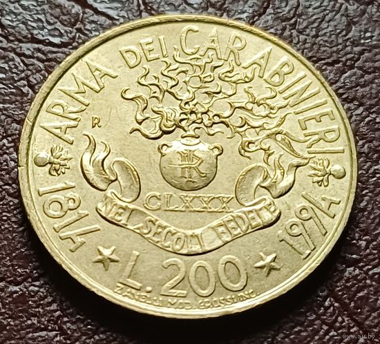 Италия 200 лир, 1994 180 лет карабинерам   ( 2-8-1 )