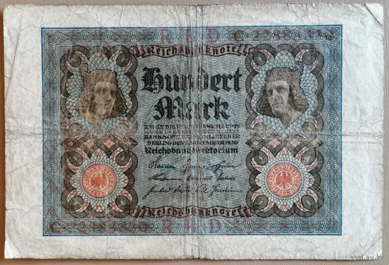 Германия 100 марок 1920 г, Ro.67а, DEU-75а, Х Х.#7. Udr.-Bst. серии A, B, C, D, E, F, G, H