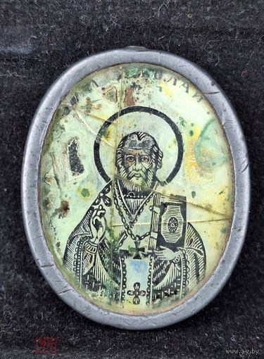 Иконка- эгломизе, Св. Николай Угодник, Зосима и Савватий Соловецкие.