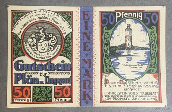 Нотгельд отрывной 1 марка (50х2  пфеннигов) 1921 год. Плён. Веймарская республика
