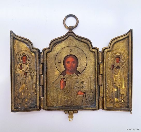 Антикварный трехстворчатый складень (дорожная икона) Господь Вседержитель, Преподобный Сергий Радонежский, Святая мученица царица Александра