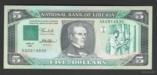 Либерия 5 долларов 1989 года. Тип P-19. Состояние UNC
