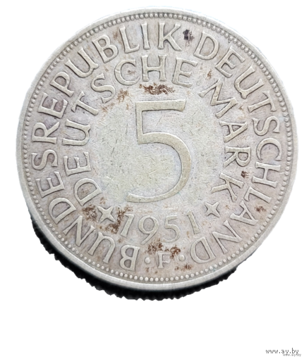 5 марок 1951 F ФРГ Первый год чекана! Серебро 11.2 грамма 625 пробы! ВОЗМОЖЕН ОБМЕН!