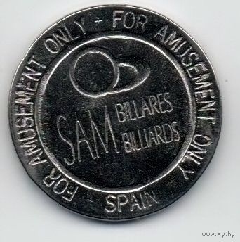 ТОКЕН. ИСПАНИЯ.  FOR AMUSEMENT ONLY  FOR AMUSEMENT ONLY  SAM BILLARES BILLIARDS. Жетон от бильярдного стола