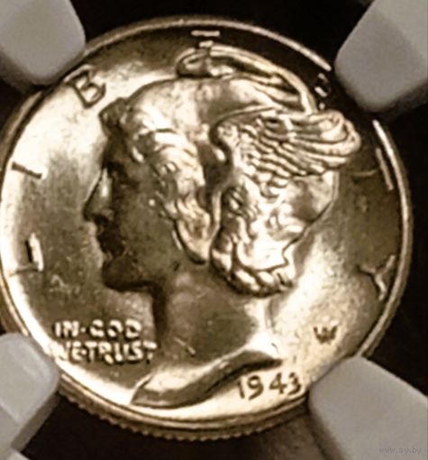 10с 1943, США NGC65!!! Mercury Dime шикарное серебро, высокий грейд, без мц! Также смотрите другие мои лоты!